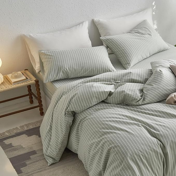 MooMee Striped Duvet Cover Set 100% Washed Cotton Linen Like Textured Breathable Durable Soft Comfy (Sage Green White Wide Stripes, Cal King 104"x98")