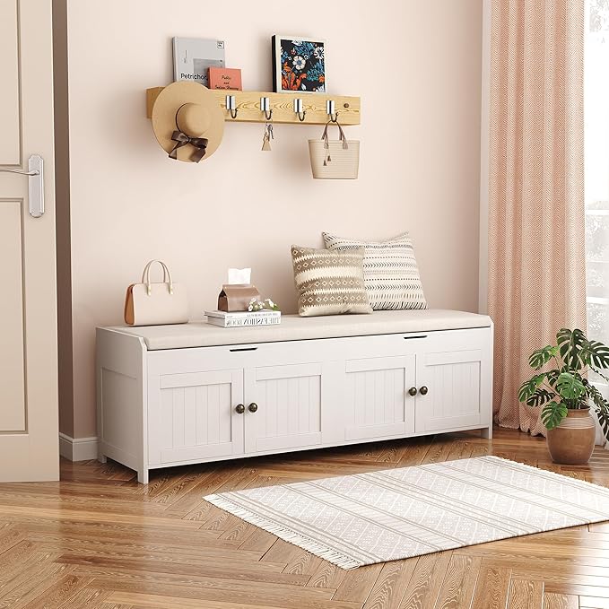 HOMEFORT 54.4" Shoe Bench with Lift Top Storage, Entryway Bench with Cushioned Seat, Wooden End of Bed Bench, Shoe Cabinet Bench with Hidden Storage Space, for Bedroom, Hallway,White