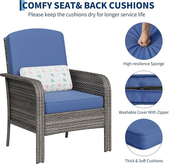 GarveeHome Outdoor Wicker Chairs Set of 2, All-Weather High Back Rattan Patio Furniture, 2-Piece Conversation Set with Comfy Cushions for Porch, Deck (Gray, Blue Cushion)
