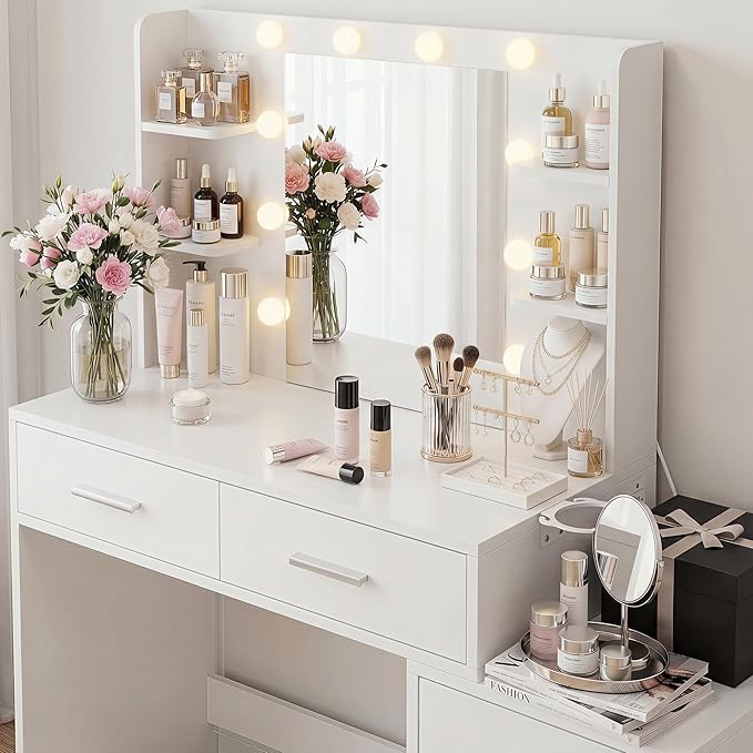 YESHOMY Makeup Vanity Desk with Mirror & Lights, Vanity Table with 5 Drawer, 6 Shelves, Charging Station for Bedroom, Dressing Room, Milk White