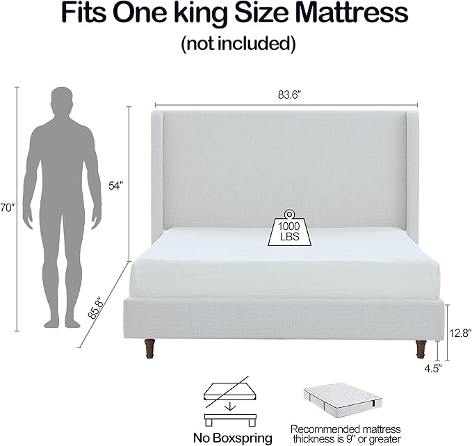 King Size Tall Headboard Bed, Boucle Upholstered Platform Bed Frame with 54" High Headboard, Sturdy Wooden Slats & Metal Frame, No Box Spring Required, Easy Assembly, Elegant Simplicity, Cream White