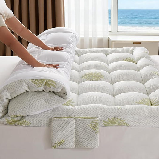 2~3In Mattress Topper King Size Aloe Viscose Derived from Bamboo Pillow Top - Extra Thick Padded Mattress Pad Protector, Breathable Deep Pocket 8-21, 1100GMS