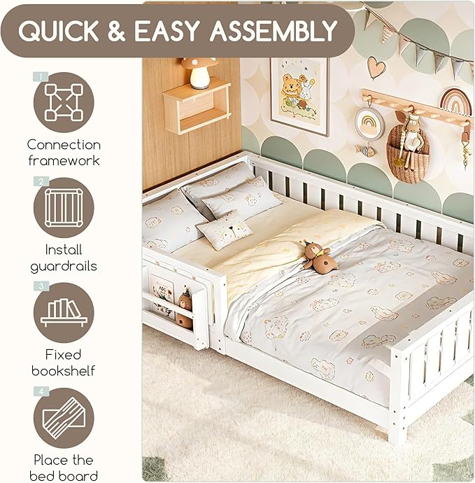 Bellemave Queen Floor Bed Frame with Fence & Bookshelf, Solid Pinewood Montessori Floor Bed Frame Queen with Slats Load 550LBS, Low Floor Bed for Kids, Bedroom, Nursery, Easy Assembly, White