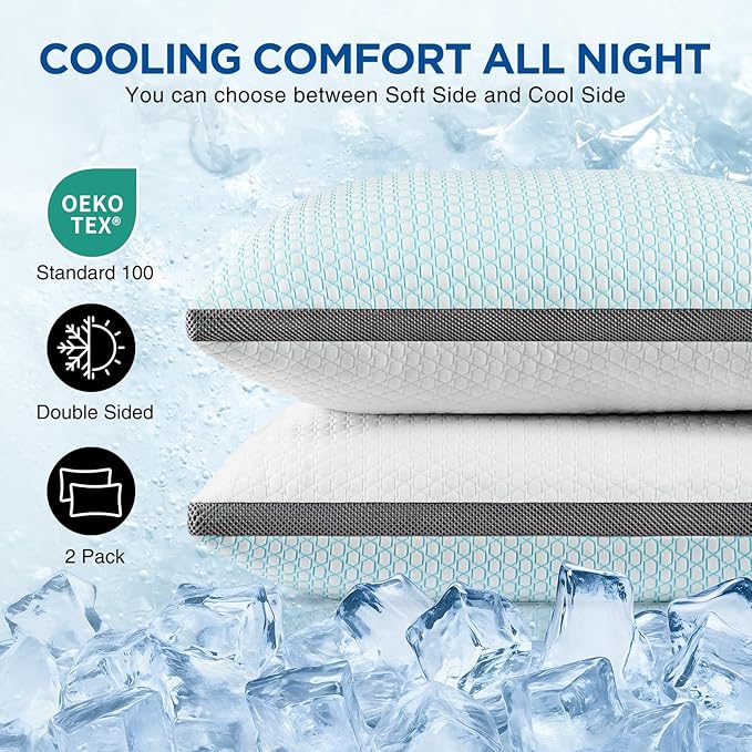 Cooling Pillows King Size Set of 2, Shredded Memory Foam Pillows 2 Pack, Bed Pillow for Hot Sleepers Adjustable Firm Pillow for Side, Back and Stomach Sleepers, Machine Washable