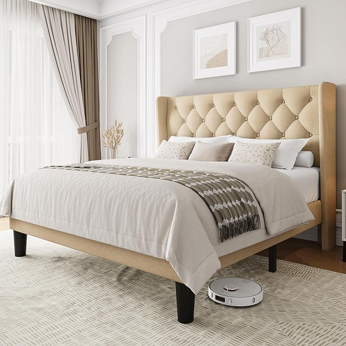Einhomn Queen Size Platform Bed Frame with Fabric Upholstered Wingback Headboard, 11" Under Bed Space, Wooden & Metal Slats Support, No Box Spring Needed, Beige