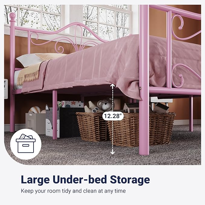 Allewie Full Size Bed Frame with Headboard,Metal Bed Frame with Butterfly Pattern Design Headboard & Footboard,No Box Spring Needed,Easy Assembly,Pink