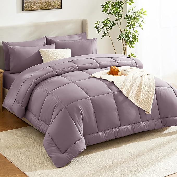 CozyLux Full Size Comforter Set Dusty Purple - 7 Pieces Bed in a Bag Dusty Purple Comforter Full Size, Bedding Set with All Season Quilted Comforter, Flat Sheet, Fitted Sheet, Pillowcases