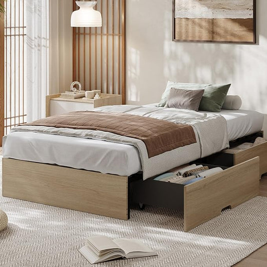 GarveeHome Twin XL Size Wood Platform Bed Frame with 2 Storage Drawers, Wooden Bed Frame Without Headboard, Wood Slat Support, No Box Spring Needed, Easy Assembly