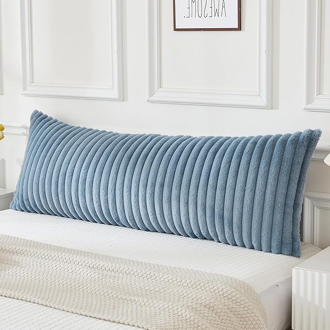 JAUXIO Faux Fur Fluffy Body Pillow Cover Luxury Textured Vertical Stripe Plush Decorative Body Pillowcase, Ultra Soft and Cozy Zipper Closure 21 x 54 Inches, Dusty Blue