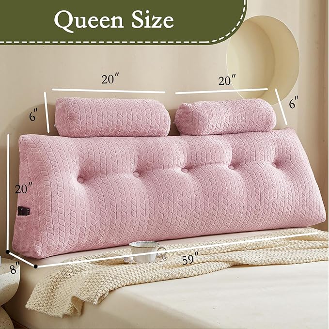 YOUR MOON Wedge Headboard Pillow Queen Size, Triangular Wedge Backrest Pillow with 1 Pack Neck Roll Pillows, Headboard Pillow for Bed,Daybed,and Lounging, Large Bed Bolster Pillows,Pink