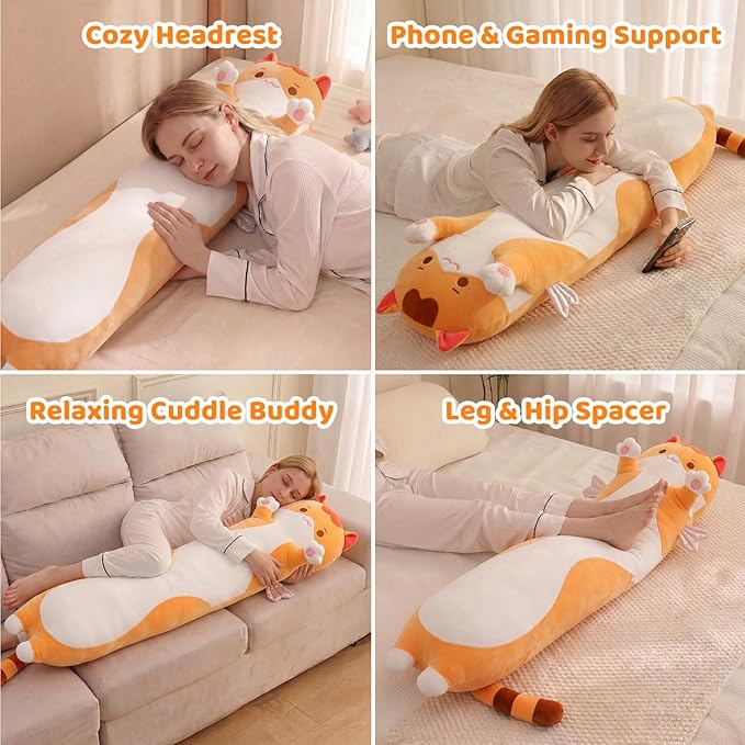 Mewaii Long Cat Plush 5 Sizes, 120% Extra Filling Giant Plushness Kids Body Pillow, Kawaii Cute Brown Cat Stuffed Animals Plushies, Big Long Body Pillow Cat Plush Gift for Girls 53”