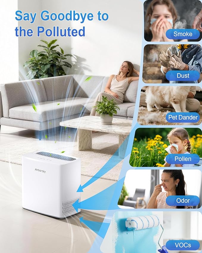 Ambersky Air Purifier for Home, True HEPA Air Cleaner Cover Up to 2000sq.ft with Real-Time Air Quality Sensor, Auto Mode, 23dB Sleep Mode, Pet Hair Dander Odor Smoke Dust Filter for Large Room
