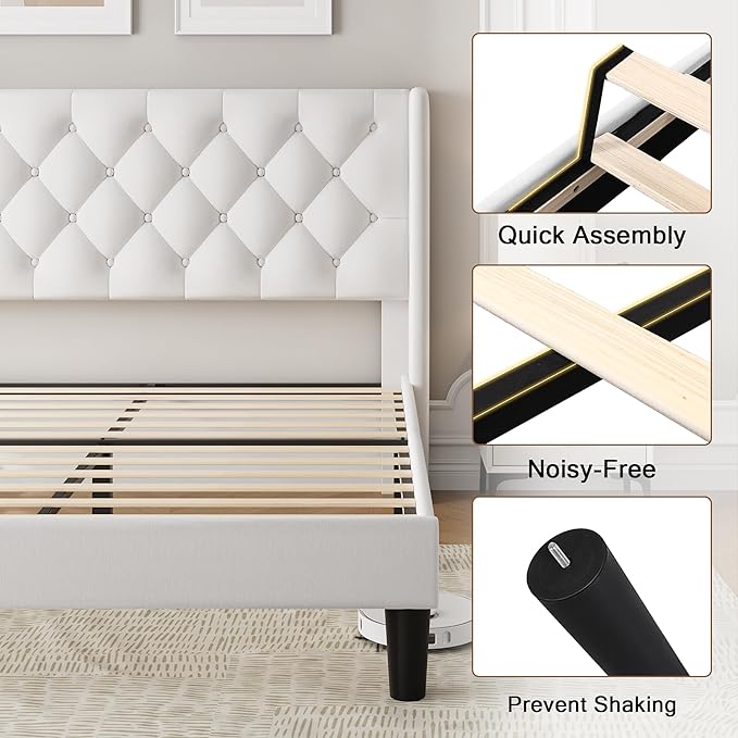 Einhomn Queen Size Platform Bed Frame with Velvet Upholstered Wingback Headboard, 10" Under Bed Space, Wooden & Metal Slats Support, No Box Spring Needed, White
