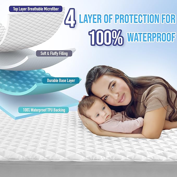 HYLEORY Twin Size Waterproof Mattress Pad Protector, Breathable Quilted Mattress Cover Noiseless Waterproof Fitted Sheet Mattress Topper Upto 21" Deep Pocket, White