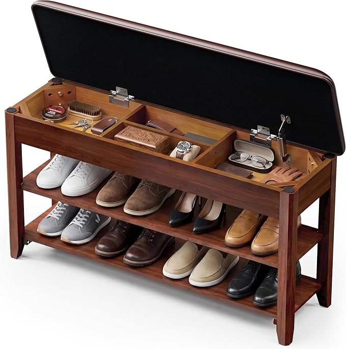 LBT Solid Wood Entryway Shoe Bench with Storage, Adjustable 2-Tier Shoe Rack, Flip-Top Hidden Compartment, Padded Leather Seat, Heavy-Duty 550 lb Capacity for Entryway, Mudroom, Closet 31.5 inch