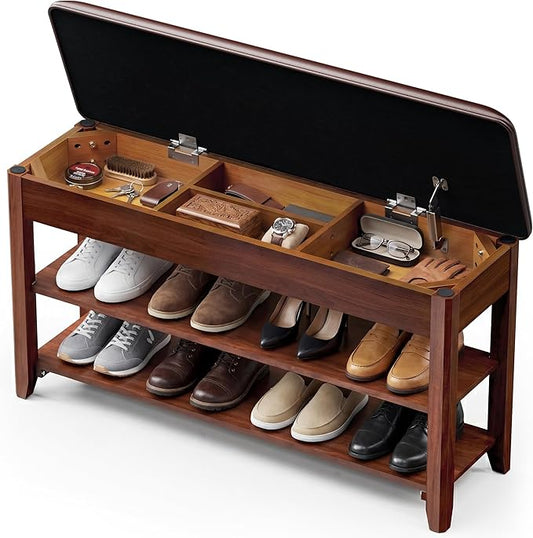 LBT Shoe Bench with Storage, Solid Rubberwood Shoe Storage Bench with Cushion, 2-Tier Shoe Rack for Entryway, Shoe Rack Bench with Deep Hidden Compartment and Stay-Open Hinge, 550lb Capacity Walnut