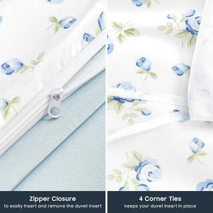 Wake In Cloud - Coquette Duvet Cover Set, Floral Cottagecore Flower Shabby Chic Cute Aesthetic, Soft Lightweight Bedding for Women Teen Girls, 3-Piece, White Blue, Twin/Twin XL Size
