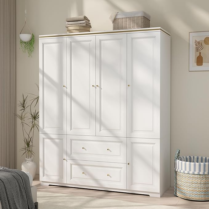 White Wardrobe with 2 Drawers: 74" Large Wardrobe Closet for Hanging Clothes, Tall Armoire Closet with 4 Doors, Bedroom Armoires with Hanging Rod (59")