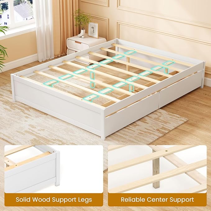 Giantex Queen Size Bed Frame with 2 Storage Drawers, Solid Wood Platform Bed with Slats Support, Heavy Duty Daybed with Storage, No Box Spring Needed, Queen Bed Frames for Teens Adults, White