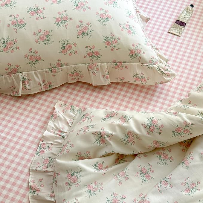 mixinni Pink Floral Duvet Cover Set Full Size - 100% Cotton Ruffle Lace Bedding Set for Girls, Romantic Cottagecore Style Duvet Cover with Zipper Closure, Soft Aesthetic Princess Bedding-Full