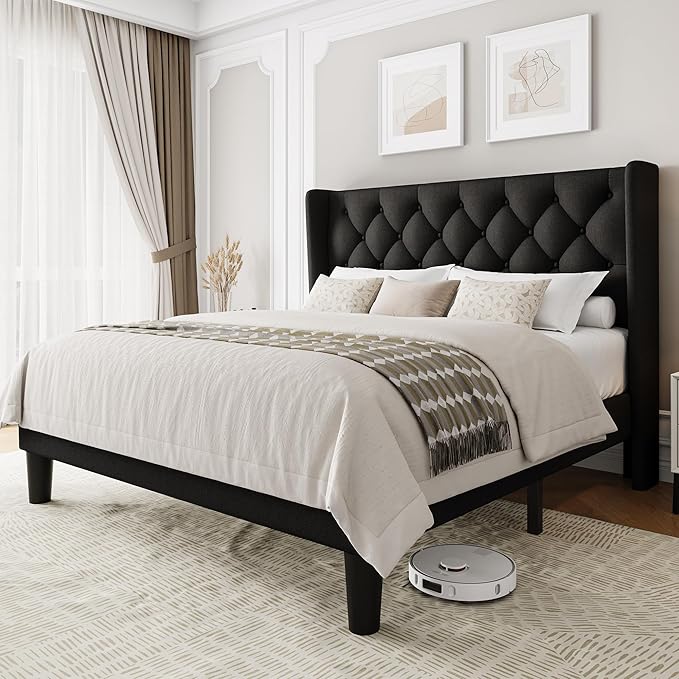 Einhomn Black Platform Bed Frame Full Size with Fabric Upholstered Wingback Headboard, 12" Under Bed Space, Wooden & Metal Slats Support, No Box Spring Needed