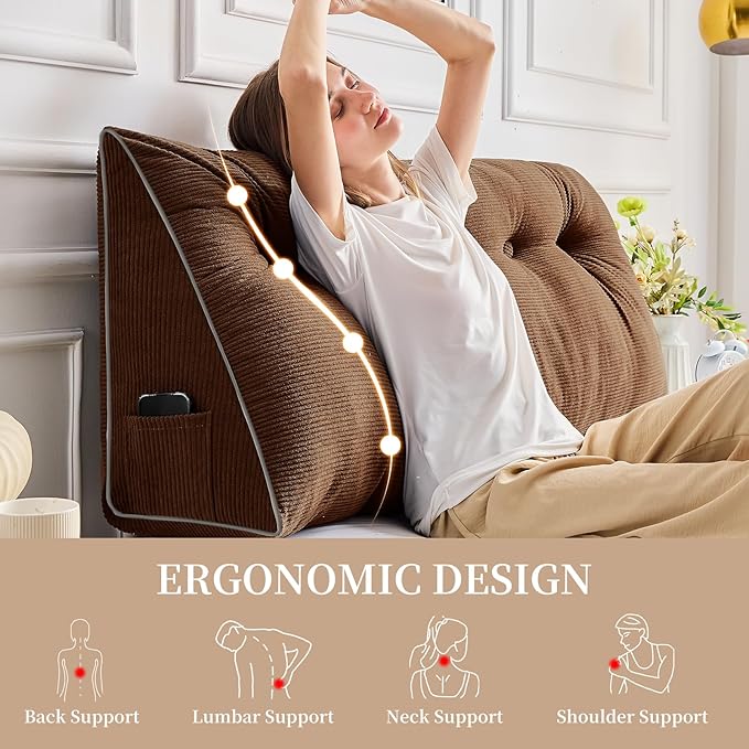 Sasttie Headboard Pillow Twin/Twin XL, Wedge Pillow Headboard for Dorm, Triangular Daybed Backrest Cushion for Sitting or Reading in Bed, with Removable Washable Cover, Brown