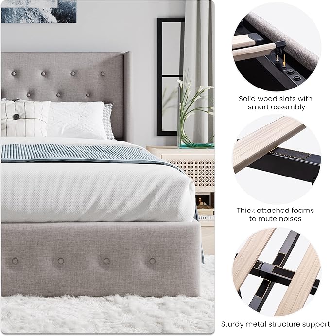 SHA CERLIN Full Size Lift Up Storage Bed Frame,Button Tufted Wingback Headboard,Upholstered Platform,Hydraulic Storage,Wooden Slat Support,No Box Spring,Light Beige