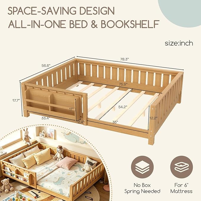 Bellemave Full Size Floor Bed Frame with Fence & Bookshelf, Solid Pinewood Montessori Floor Bed Full with Slats Load 450LBS, Low Profile Floor Bed for Kids, Bedroom, Nursery, Easy Assembly, Natural