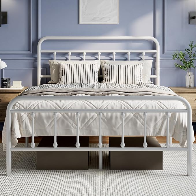 Novilla Metal Full Size Bed Frame - Modern Minimalist Victorian Style with Headboard/Footboard, Heavy-Duty Steel Slats/Underbed Storage/No Box Spring Needed/Easy Assembly/Noise Free/White