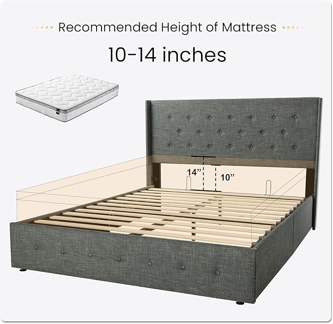 SHA CERLIN Queen Size Lift Up Storage Bed Frame,Button Tufted Wingback Headboard,Upholstered Platform,Hydraulic Storage,Wooden Slat Support,No Box Spring,Dark Grey