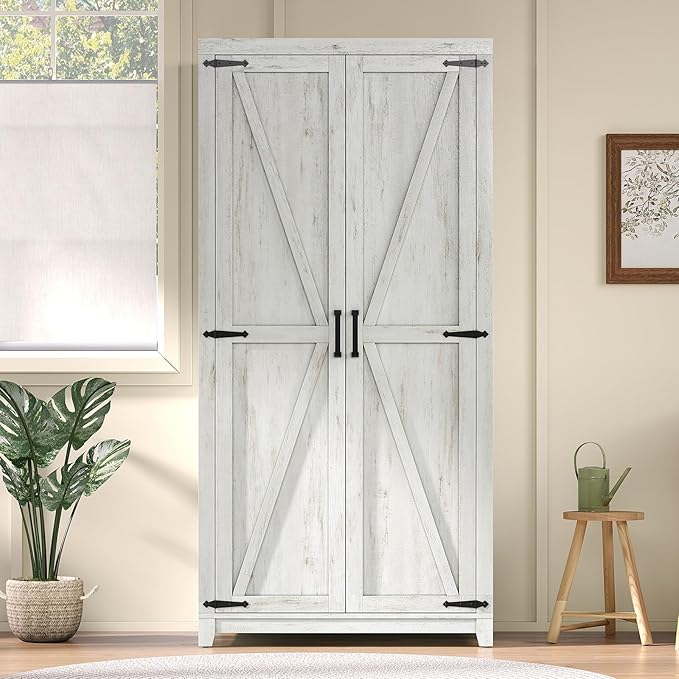 AMERLIFE Set of 2 Farmhouse Armoire Wardrobe Closet with 2 Barn Doors, 70'' Storage Cabinet with Shelf & Hanging Rod, Versatile Clothing Storage for Bedroom, White