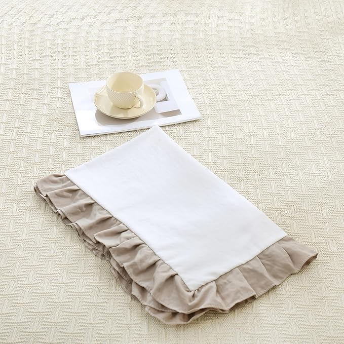 Merryword Taupe Pillow Shams White and Taupe Reversible Standard Pillowcases Cute Pillow Cover Set of 2 Soft Shabby Chic Ruffled Pillowcases 2 Pack (Queen (20''x30''), White Taupe)