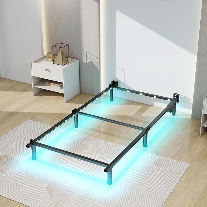 Adjustable Bed Frame with Smart LED Lights & Charging Station,Sturdy Metal Platform Bed Base for Box Spring & Mattress,Headboard Compatible,Length Extendable,Twin/Full/Queen/King Size (7 Inch, Twin)