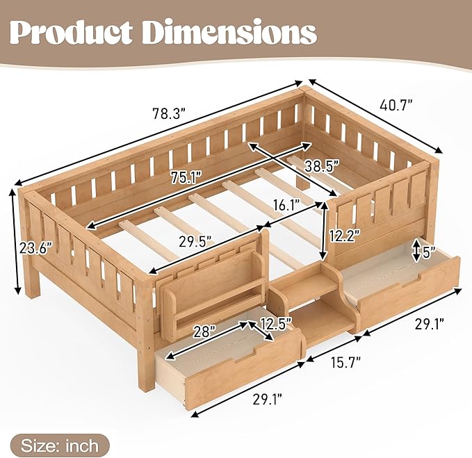 Bellemave Twin Bed with Storage Drawers & Bookshelf, Low Profile Kids Bed Frame with Staircase & Full Length Guardrails, Solid Wood Twin Bed for Kids with Slats Load 300LBS, Easy Assembly, Natural