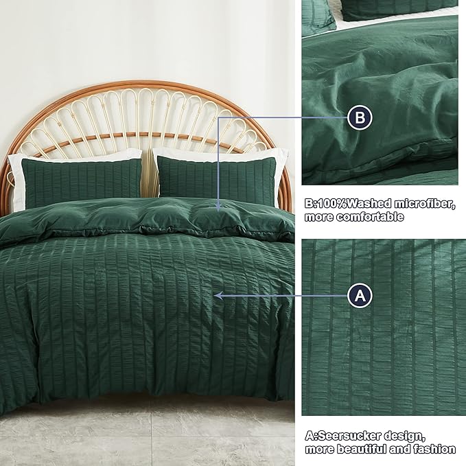 AveLom Dark Green Seersucker Duvet Cover Set Full Size (80 x 90 inches), 3 Pieces (1 Duvet Cover + 2 Pillow Cases), Ultra Soft Washed Microfiber, Textured Duvet Cover with Zipper Closure, Corner Ties