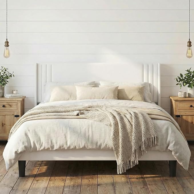 Gizoon Full Bed Frame with Wingback Headboard, Upholstered Platform Bed with Modern Geometric Headboard, Wooden Slats, Noise-Free, No Box Spring Needed