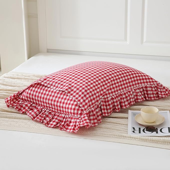 2 Pack Red/White Gingham Pillowcase 20x26 inches 100% Washed Cotton Ruffled Vintage Pillow Sham Standard Size Pillow Cover for Couch Bed Living Room