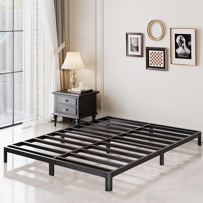 Lutown-Teen 7 Inch Low Profile Full Size Bed Frame with Rounded Corner Legs, 2000 LBS Heavy Duty Metal Full Platform Bed Frame No Box Spring Needed, Easy Assembly, Black