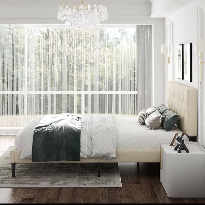 CXVX Queen Size Platform Bed Frame with Upholstered Headboard, Button Tufted Design, Strong Wooden Slats, No Box Spring Needed, Easy Assembly, Noise Free