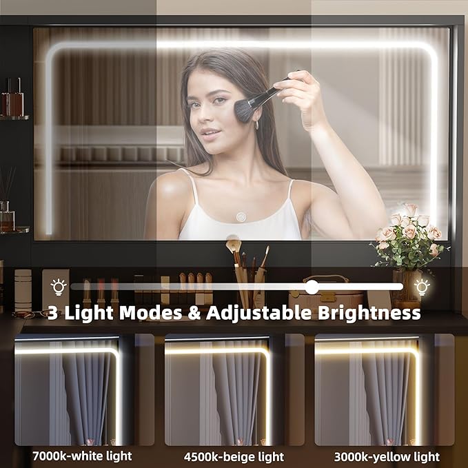 YITAHOME Vanity Desk Set- L Makeup Vanity with Mirror and Lights 3 Lighting Modes, 48" Large Makeup Table with 5 Tempered Glass Drawers with Open Storage Shelves Vanity Table, Black