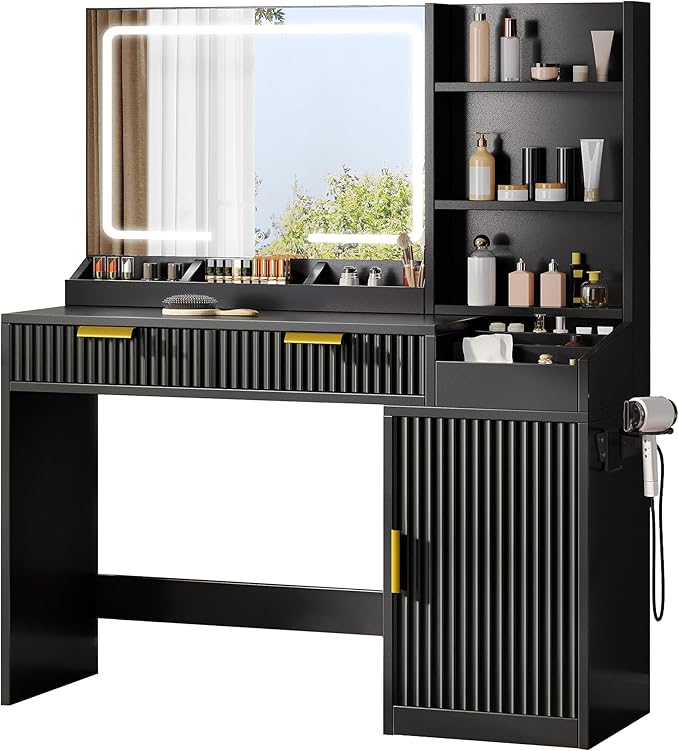 YITAHOME Large Makeup Vanity Desk with Mirror and Lights, Fluted Vanity Table with 2 Drawers & Adjustable Shelves, Makeup Mirror in 3 Modes Lighting, Dressing Table Set w/Charging Station, Black