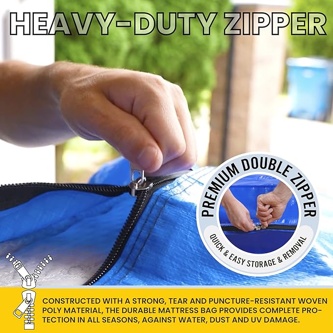 (Full) 10 Mil Thick - Moving and Storage Mattress Bag w Zipper and 8 Carrying Handles - Waterproof - UV Resistant - Heavy Duty - Long Lasting (Blue, Full)