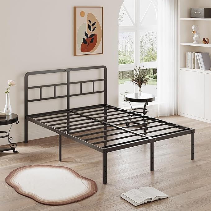 DiaOutro 16 Inch Queen Bed Frame with Headboard No Box Spring Needed, Heavy Duty Metal Queen Size Platform with Steel Slat, Mattress Foundation, Easy Assembly, No Noise, Black