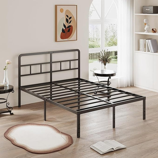 DiaOutro 16 Inch Queen Bed Frame with Headboard No Box Spring Needed, Heavy Duty Metal Queen Size Platform with Steel Slat, Mattress Foundation, Easy Assembly, No Noise, Black