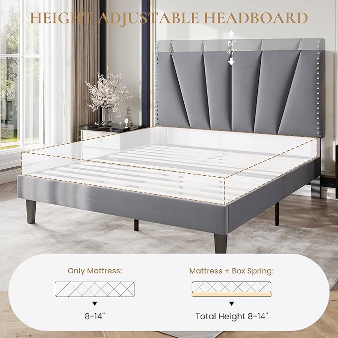 SHA CERLIN Full Size Bed Frame with Adjustable Upholstered Velvet Rivets Headboard, Sturdy Wooden Slats, Strong Platform Support for Mattress, No Box Spring Needed, Easy Assembly, Grey