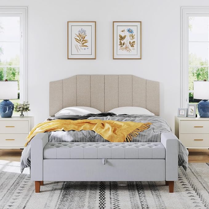 Furpopup Linen Queen Size Headboard, Upholstered Headboard Queen/Full Size Wall Mount and Bed Frame Mount, Featuring High-Density Sponge Padding Luxury Texture Easy Assembly Comfort Style-Beige