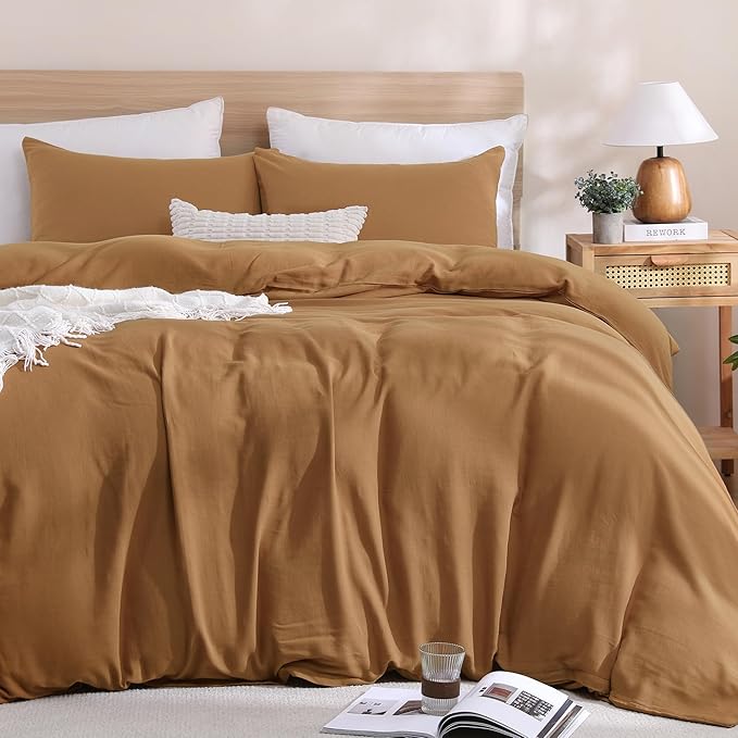 TOCOMOA Muslin Duvet Cover 100% Cotton Like Linen Texture Breathable Soft Comfy 3-Piece Burnt Orange Comforter Cover Fall Bedding Set (King 104"x90", Comforter Not Included)