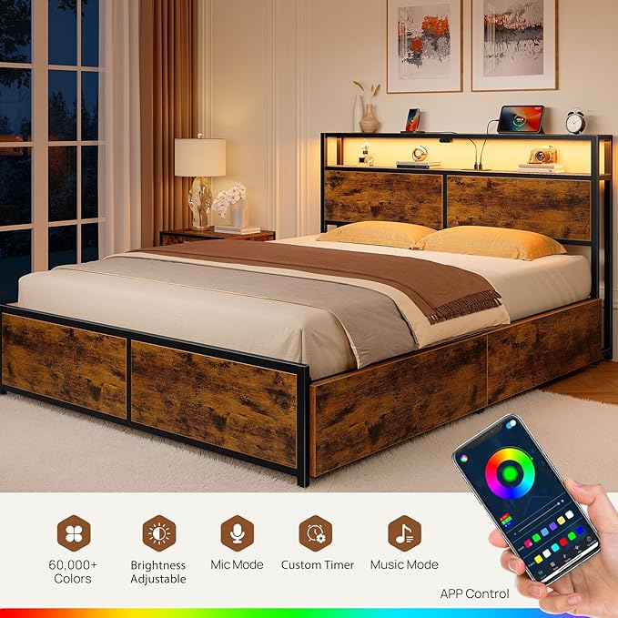 Rolanstar Queen Bed Frame with 4 Storage Drawers, Charging Station and LED Lights, Metal Platform Bed with 2-Tier Storage Headboard, No Box Spring Needed, Easy Assembly, Noise-Free, Rustic Brown