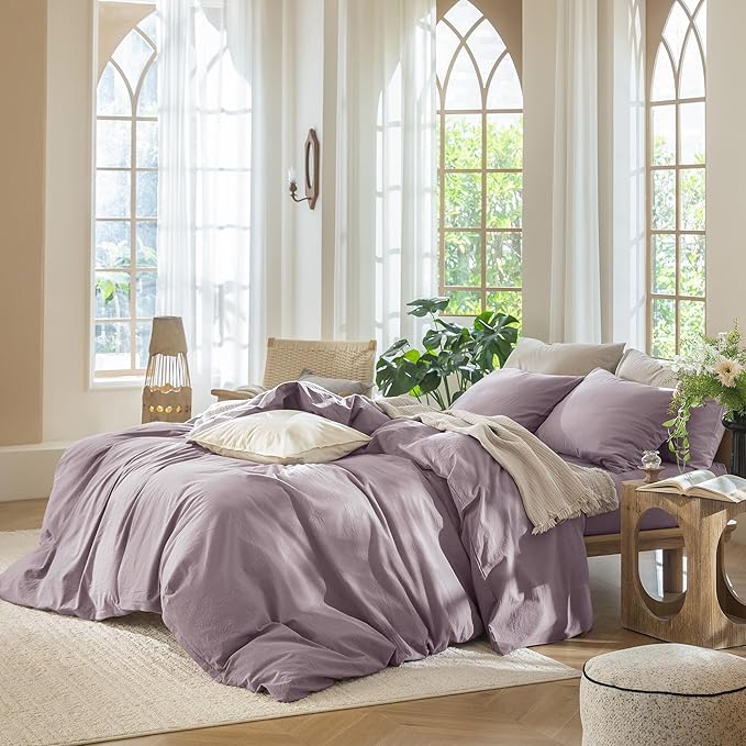 MooMee Bedding Duvet Cover Set 100% Washed Cotton Linen Like Textured Breathable Durable Soft Comfy (Solid Taro Purple, King 104"x90")