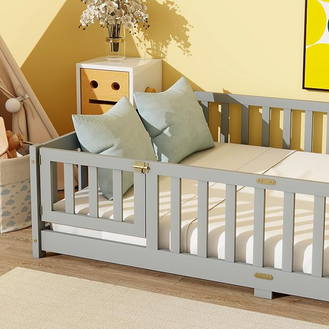 Bellemave Full Size Floor Bed with Slats and Safety Guardrail, Full Size Montessori Floor Bed with Fence and Door, Easy Assemble Montessori Beds for Kids, Girls, Boys, Gray